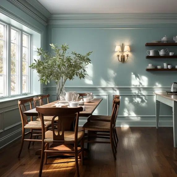 a dining room with blue walls and wood flooring has a potted plant on the table