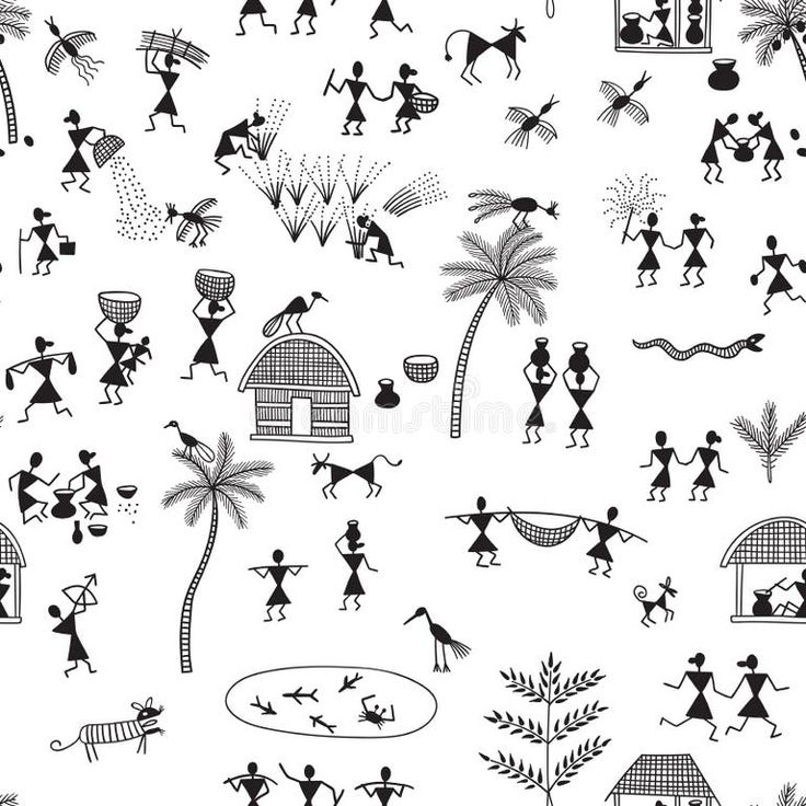 black and white drawing of people on the beach with palm trees, houses and boats