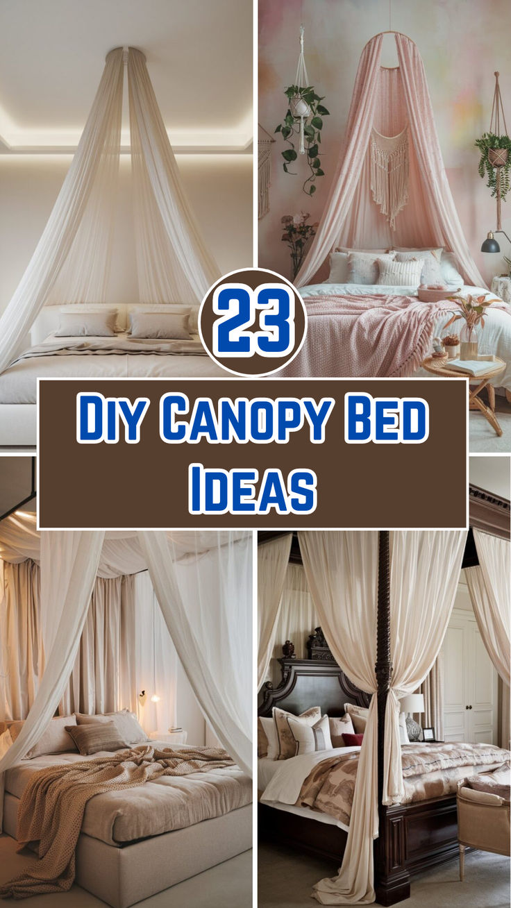 Image showcasing a DIY canopy bed with sheer white curtains draped over a simple wooden frame. Bed With Hanging Canopy, Ceiling Canopy For Bed, Canopy For Bed Diy, French Style Canopy Bed, Homemade Canopy For Bed, Bedroom Ceiling Drapery Ideas, Diy Bed Canopy Aesthetic, Boho Bed Canopy Diy, Diy Canopy Over Bed