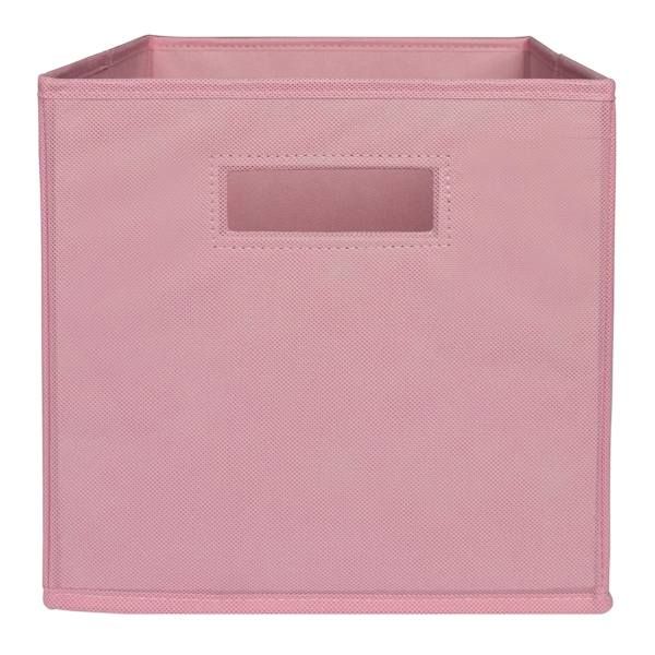 a pink storage bin with an open pocket on the front and bottom, for storing items