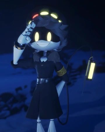 an animated character holding a flashlight in her hand and wearing a black dress with yellow eyes