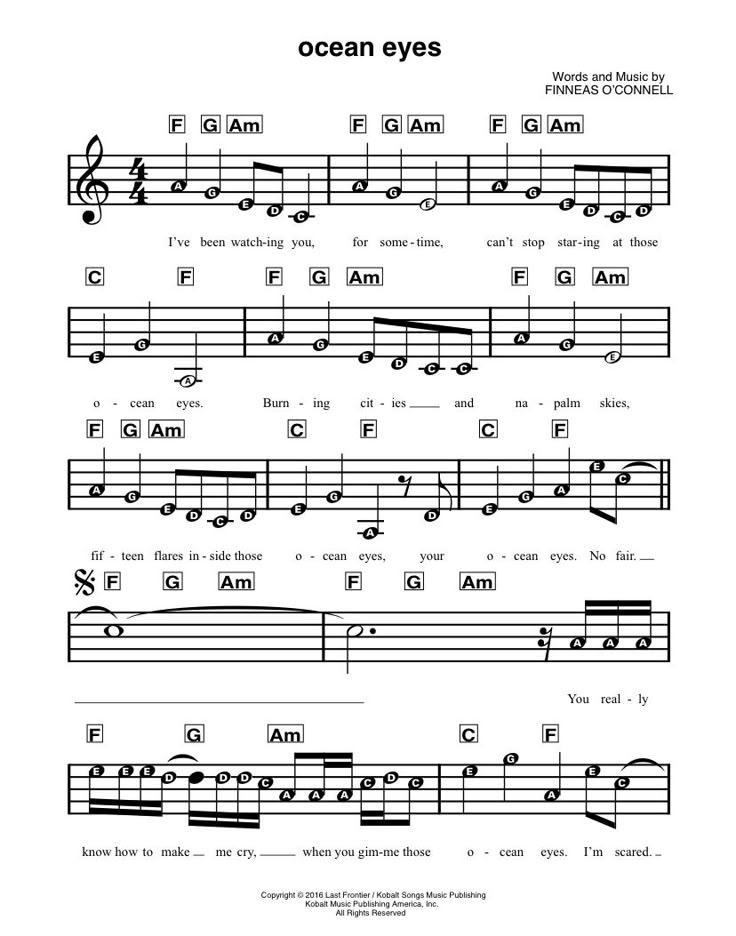 sheet music with the words ocean eyes on it