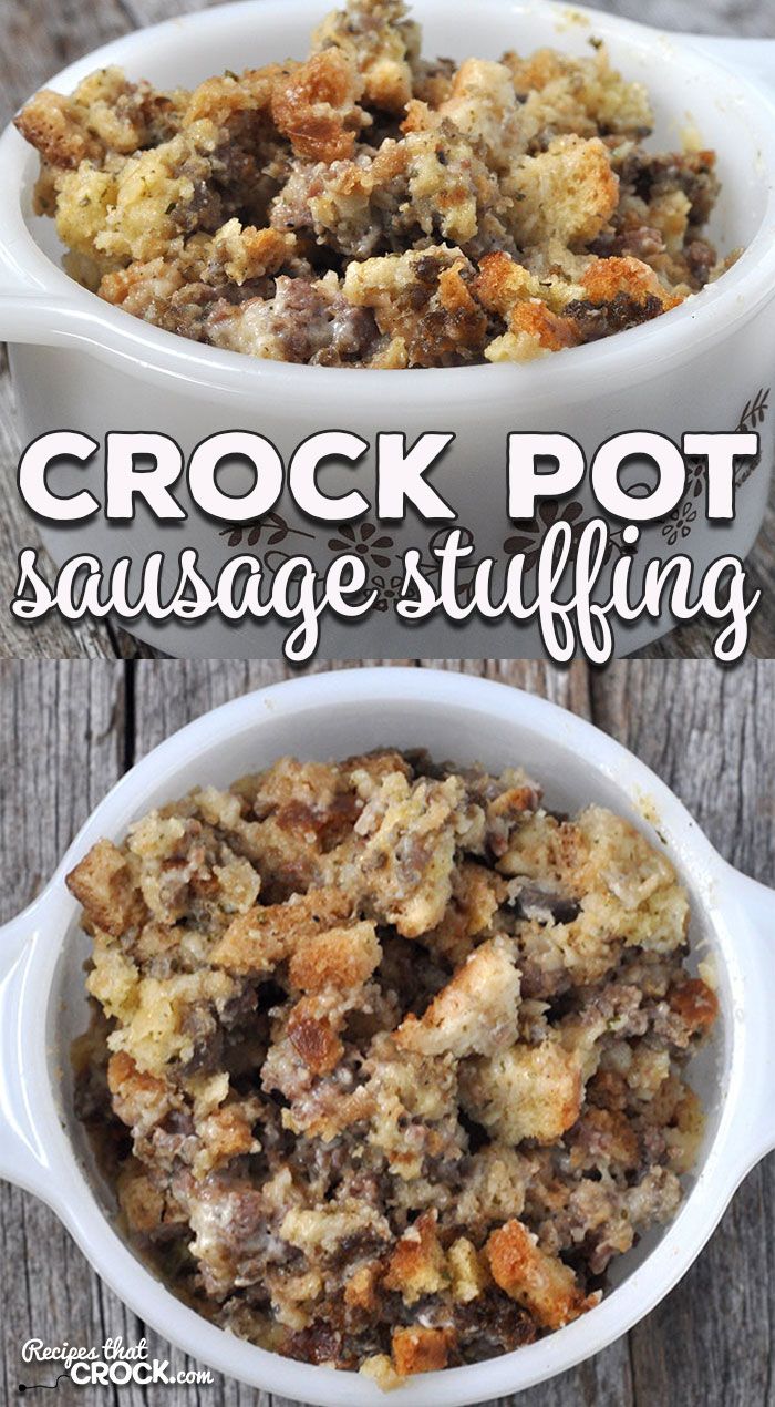 crock pot sausage stuffing in two white casserole dishes on a wooden table