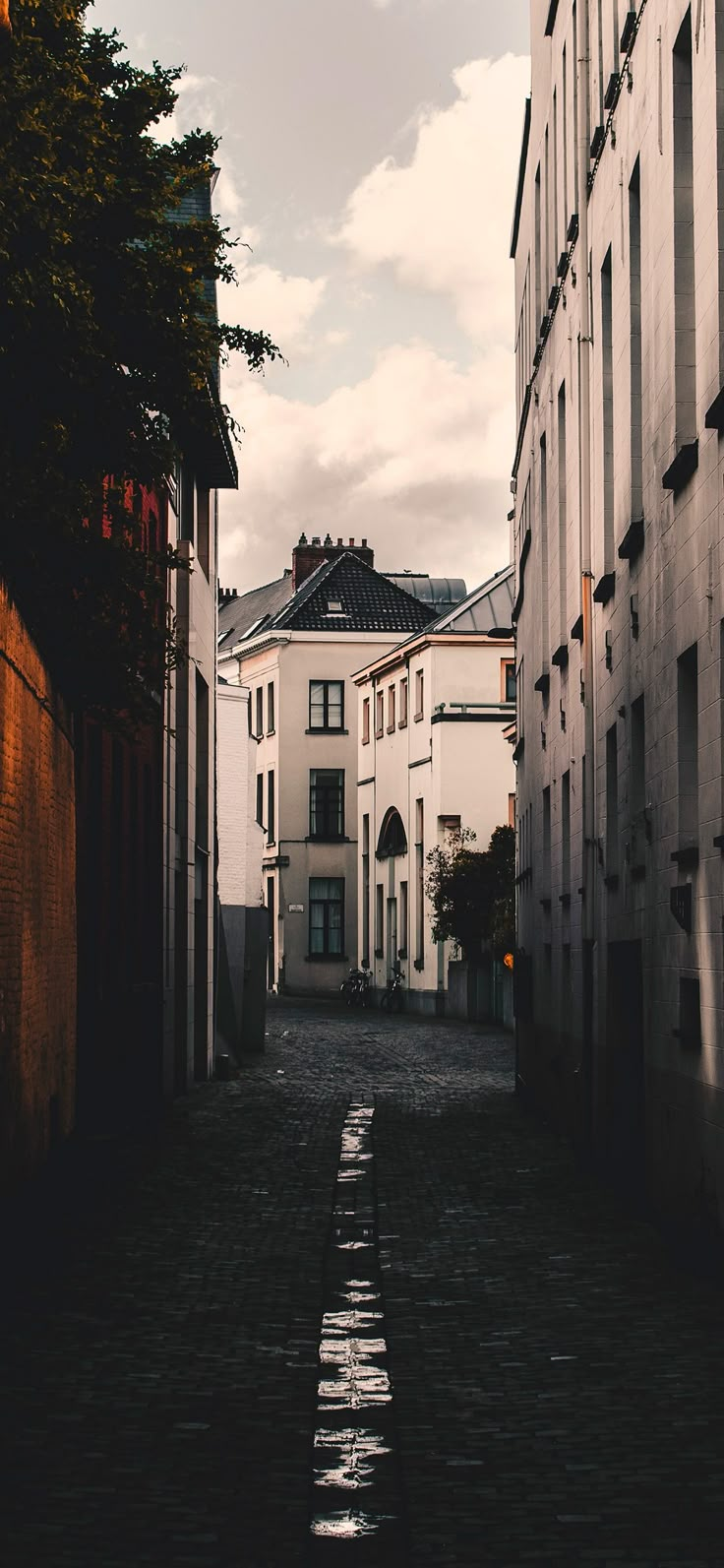 an alley way between two buildings with trees on each side and the sky in the background