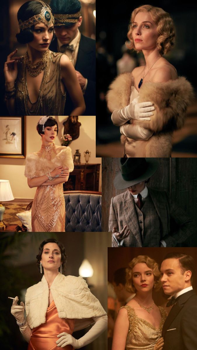 many different pictures of women in dresses and fur coats, one is wearing a hat