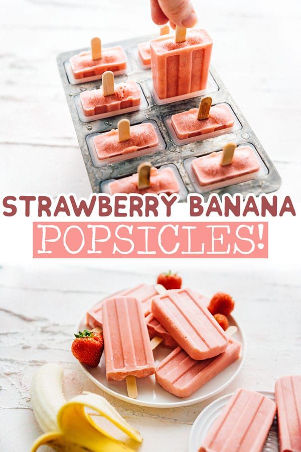 strawberry banana popsicles on a plate with bananas