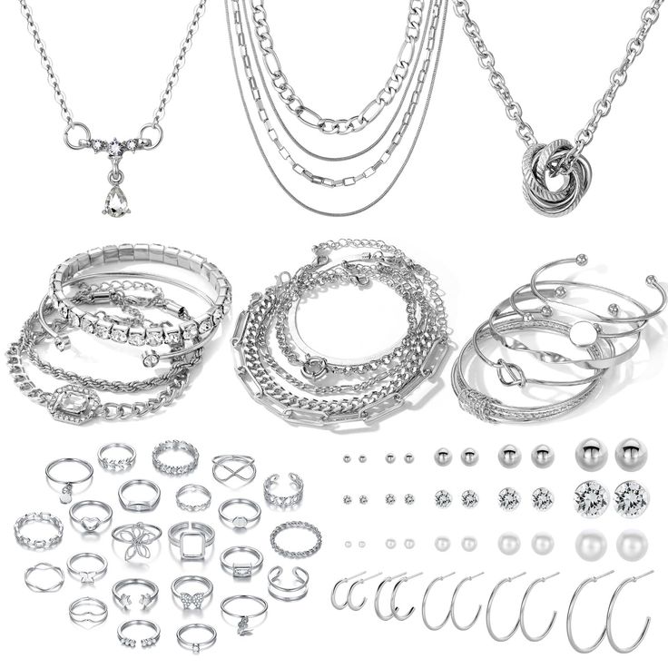 PRICES MAY VARY. [AFFORDABLE JEWELRY SET]: Well-chosen fashion elegant cute silver jewelry set, 3pcs necklaces, 14pcs bracelets and bangles, 23pcs knuckle rings, 20 pairs stud and dangle earring, Exquisite Appearance,enough styles and quantities to meet your matching needs. [EXQUISITE WORKMANSHIP]: Made of high quality alloy, stable and strong, reliable, not easy to break, rust or fade, smooth surface, mini delicate, Hypoallergenic and no harm to your body. [EASY MATCH] : The set has various sty Anniversary Gift For Friends, Silver Jewelry Set, Valentine Anniversary, Jewelry Accessories Ideas, Ear Cuff Earings, Girls Valentines, Silver Jewellery Sets, Knuckle Rings, Silver Plated Jewelry