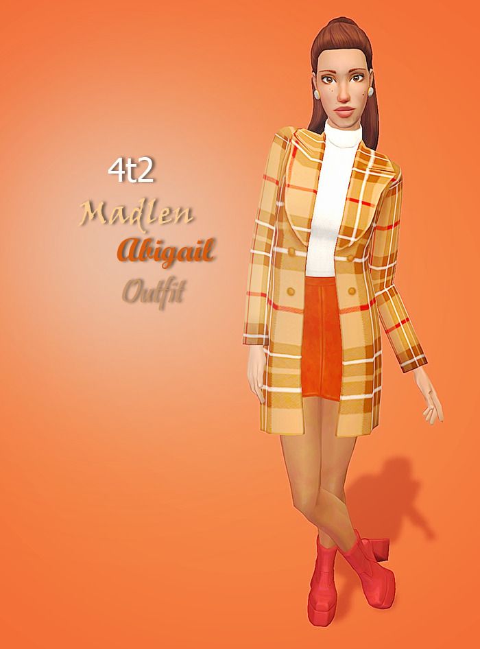 a woman is standing in front of an orange background wearing a plaid coat and red shoes