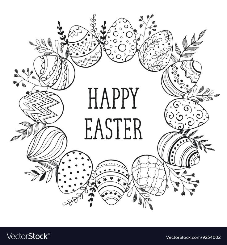 black and white happy easter card with an egg in the center, surrounded by other eggs