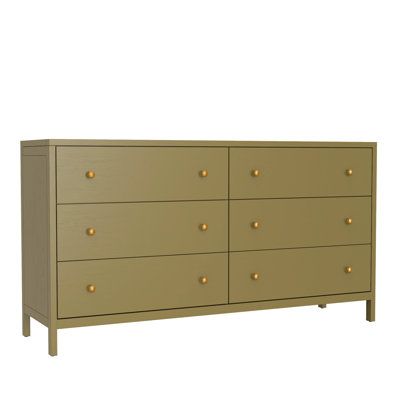 a beige dresser with gold knobs on the top and bottom drawers, against a white background