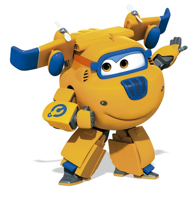 a yellow and blue robot with big eyes