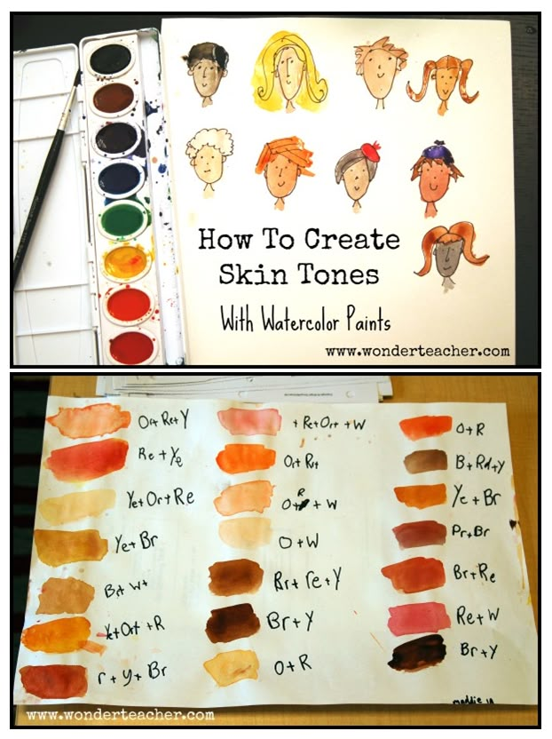 an art project with watercolor paints and children's drawings on it, including how to create skin tones