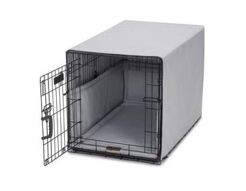 a dog crate with its door open on a white background