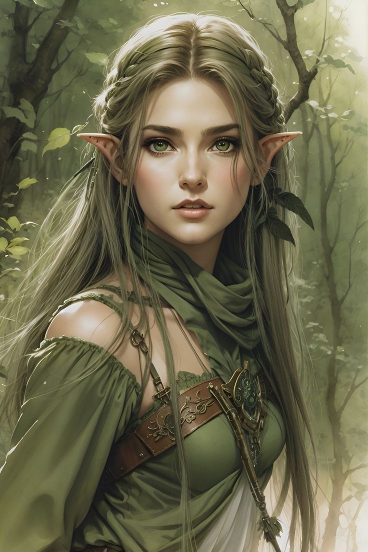 a painting of a woman with long hair and green dress in the woods wearing elf ears