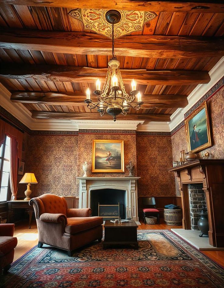 a living room filled with furniture and a chandelier hanging from the ceiling over a fire place