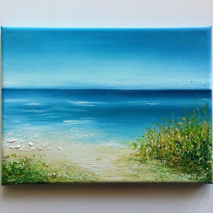 a painting of a beach scene with blue water