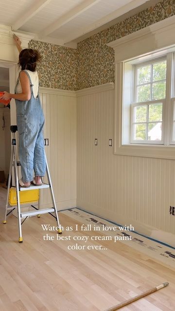 a woman in overalls is painting the walls and floor with a paint roller while another person stands on a ladder