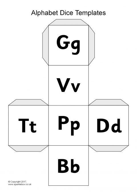 alphabet dice templates with the letters v, t, p, d and b