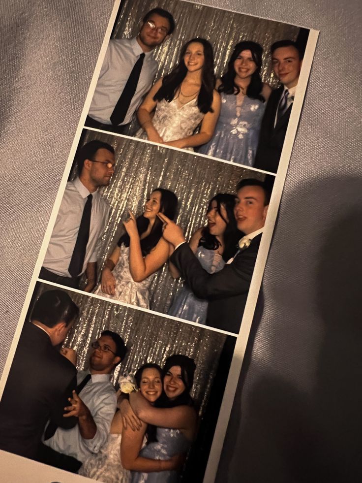 a collage of people posing for pictures in front of a photo booth at a wedding