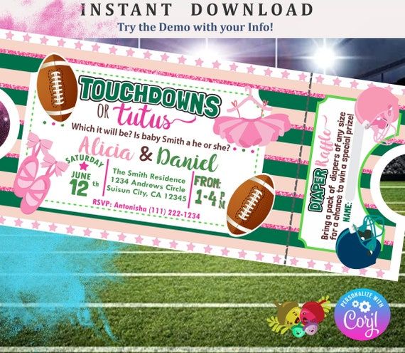 a pink and green striped ticket for a football themed baby's first birthday party