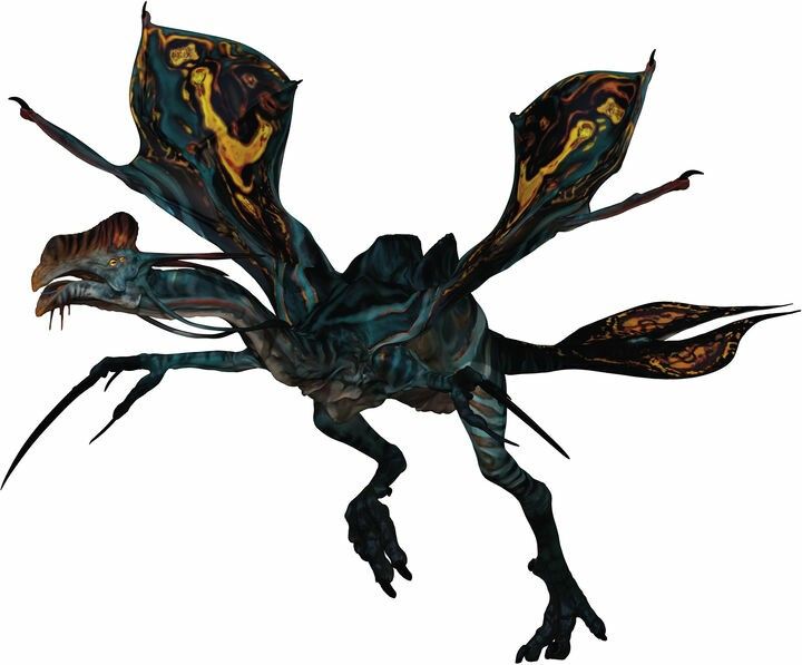 an image of a creature that looks like it is flying through the air with its wings spread