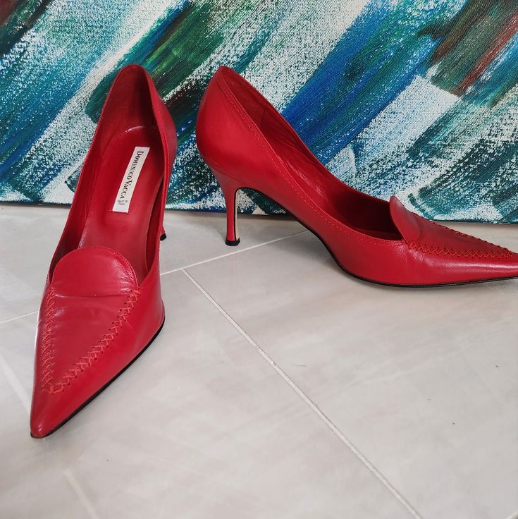 Domenico Vacca Pointed Toe Pump In Excellent Pre Owned Condition Vintage Shoe Worn For Photo Shoots Only Impeccable Stitching Genuine Leather Made In Italy This Does Not Have An Original Box Pet Free House Smoke Free House Item Will Be Packaged And Shipped Promptly Red Heels With Leather Lining And Pointed Toe, Red Leather Almond Toe Heels, Red Closed Toe Heels For Business, Red Leather Heels With Almond Toe, Red Leather Slip-on Heels, Red Leather Court Shoes With Reinforced Heel, Red Leather Closed Toe Shoes For Office, Red Pointed Toe Business Heels, Red Pointed Toe Leather Party Shoes