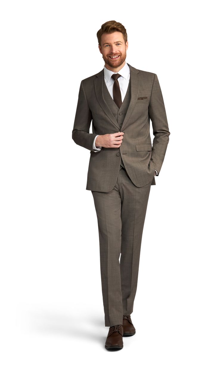 A slim cafe brown suit with two buttons and a notch lapel. Elegant Brown Flat Front Suits, Formal Brown Suit With Welt Pockets, Tailored Brown Three-piece Suit For Formal Occasions, Tailored Brown Three-piece Formal Suit, Brown Tailored Three-piece Suit For Formal Occasions, Formal Brown Suit With Single Button, Formal Brown Three-piece Suit With Welt Pockets, Brown Single Button Suit For Formal Occasions, Formal Brown Single Button Suit