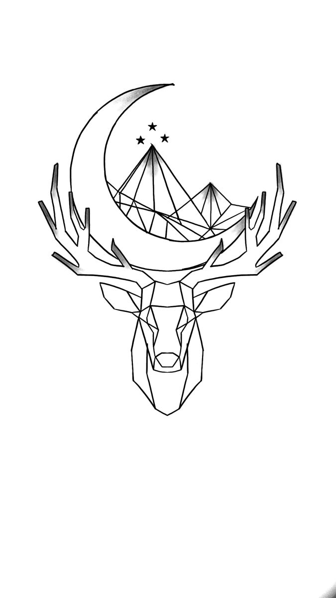 the head of a deer with an origami star and crescent on its antlers