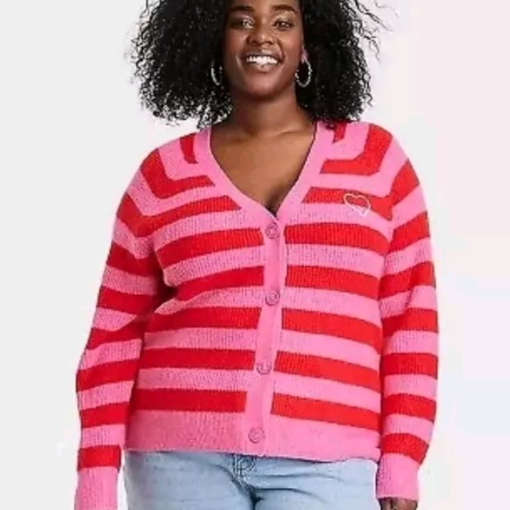 New Binb Cable Cardigan, Cardigan Pink, Heart Motif, Button Down Cardigan, Embroidered Heart, Hem Style, Striped Cardigan, Pink And Red, Knit Pattern