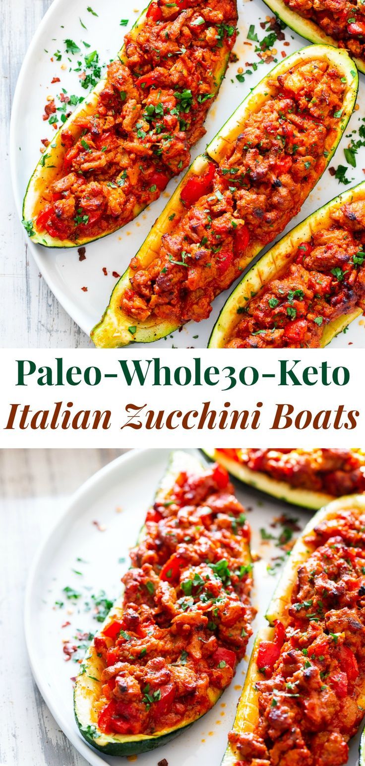 two pictures of stuffed zucchini boats on a white plate with the title paleo whole 30 - keto italian zucchini boats