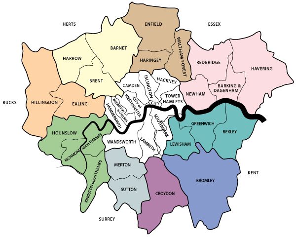 a map of london showing all the major streets and roads in each borough, with their name on it