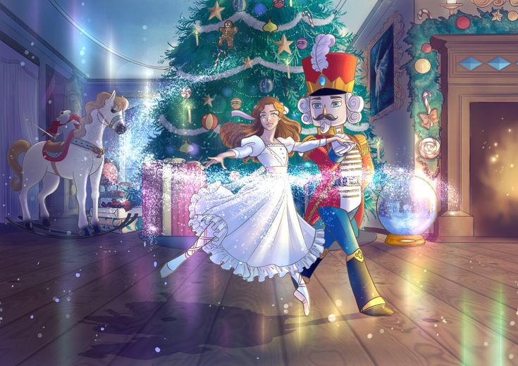 the nutcracker and princess are dancing in front of a christmas tree