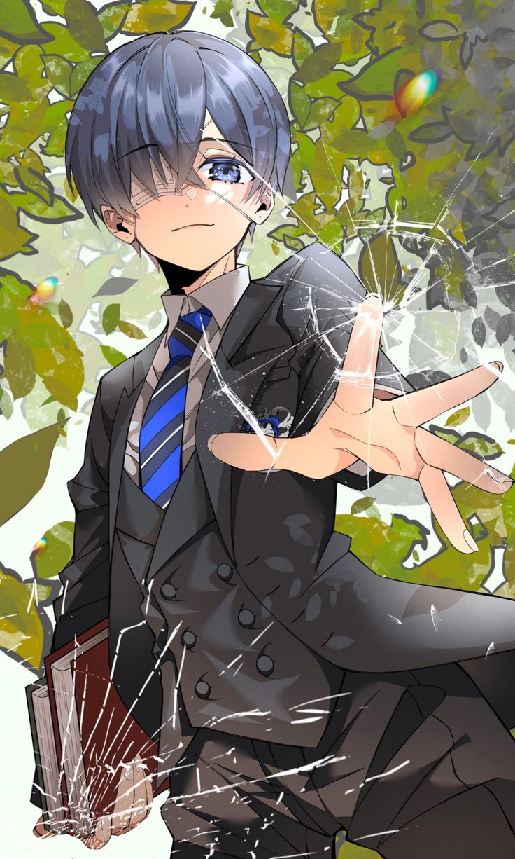 an anime character is holding his hand out in front of the camera, with trees behind him