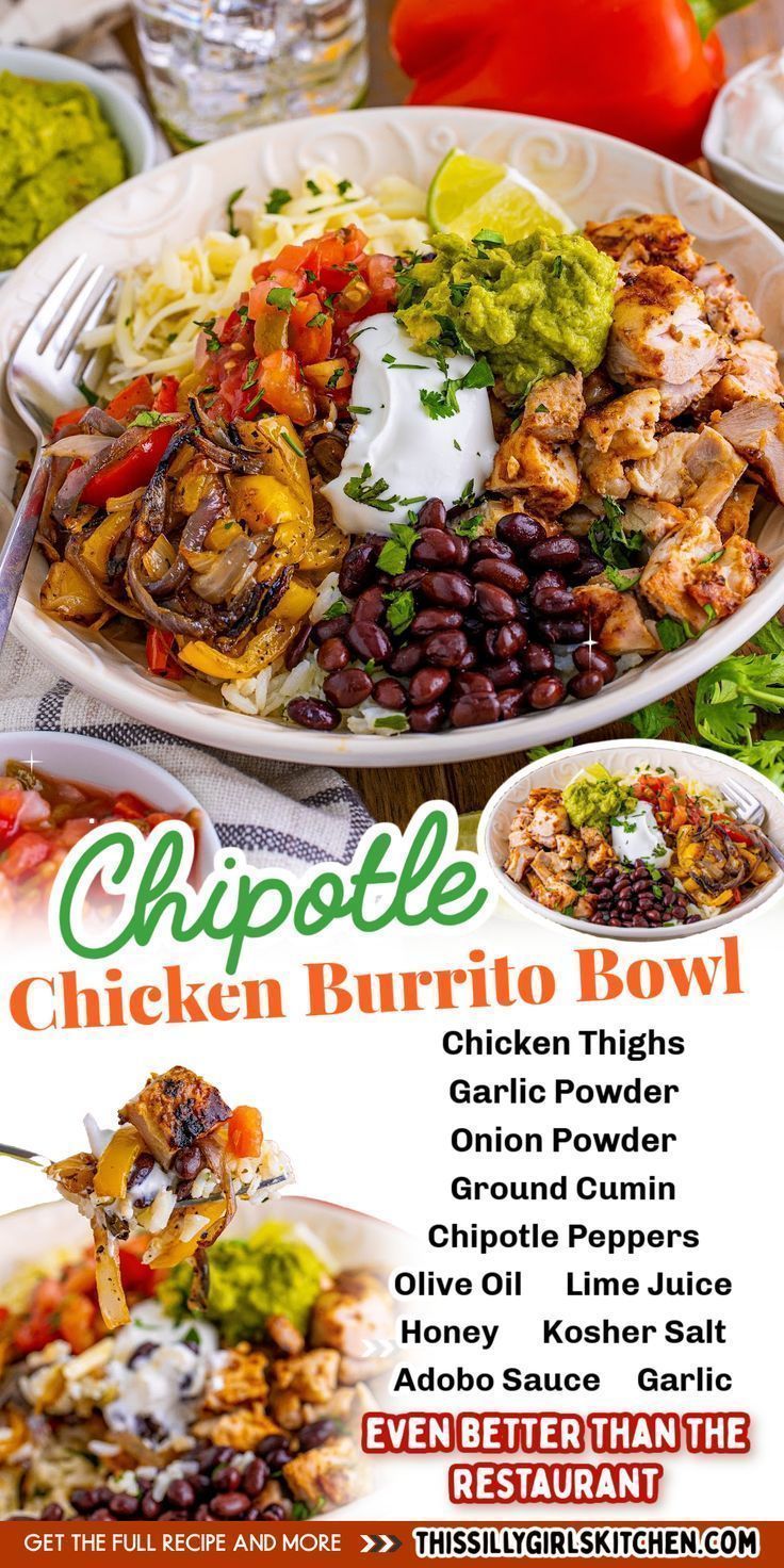 a menu for a chicken burrito bowl with black beans, tomatoes, onions and other toppings