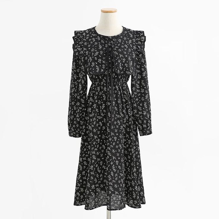 Style: commuting Commuting: Retro Size: s, m, l, XL Color: black, coffee Vintage Floral Dress, Medium Length, New Age, Vintage Floral, Floral Dress, Long Sleeve Dress, Floral, Pattern, Black