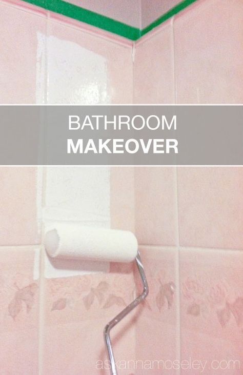 a bathroom makeover with pink tiles and green trim on the shower wall is shown