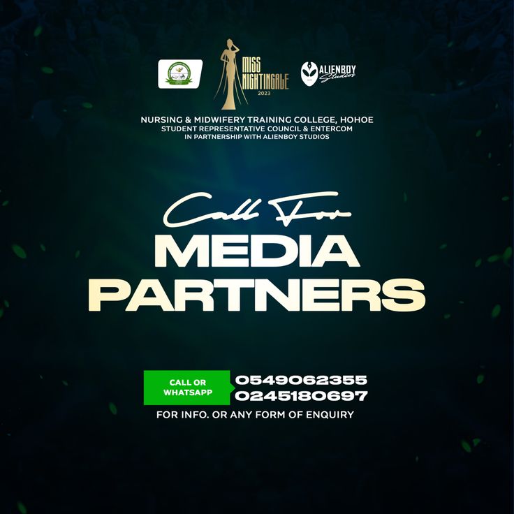 an advertisement for a social event with the words media partners written in gold and green