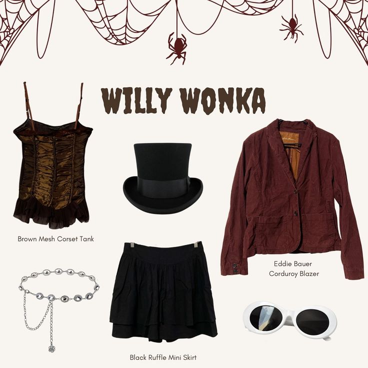 Willy Wonka secondhand Halloween costume. From the rack. Grace thrifts. Located in wasilla, AK Black Mini Skirt Costume, Willy Wonka Outfit, Wonka Outfit, Wonka Costume, Willy Wonka Costume, Secondhand Style, Thrift Haul, Costume Inspo, Eddie Bauer Jacket