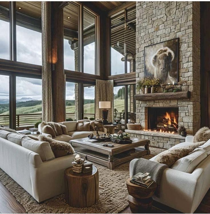 Classy Cabin Interior, Log Homes Interiors, Mountain Lodge Living Room, Mountain Homes Interiors, Lodge Interior Design, Mountain House Interior, Modern Mountain Cabin, Lodge Living Room, Mountain House Decor