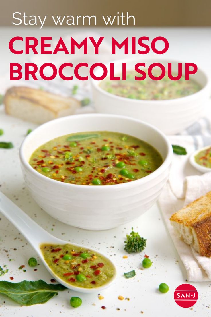 broccoli soup with creamy miso in a white bowl and spoons