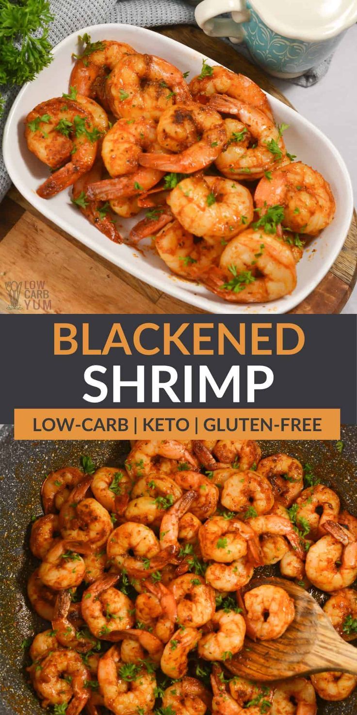 cooked shrimp in a skillet with parsley on top and the words, blackened shrimp low - carb keto gluten - free