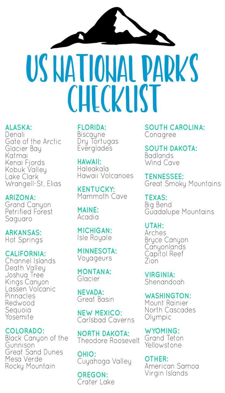 the us national parks checklist is shown in blue and white with mountains on it