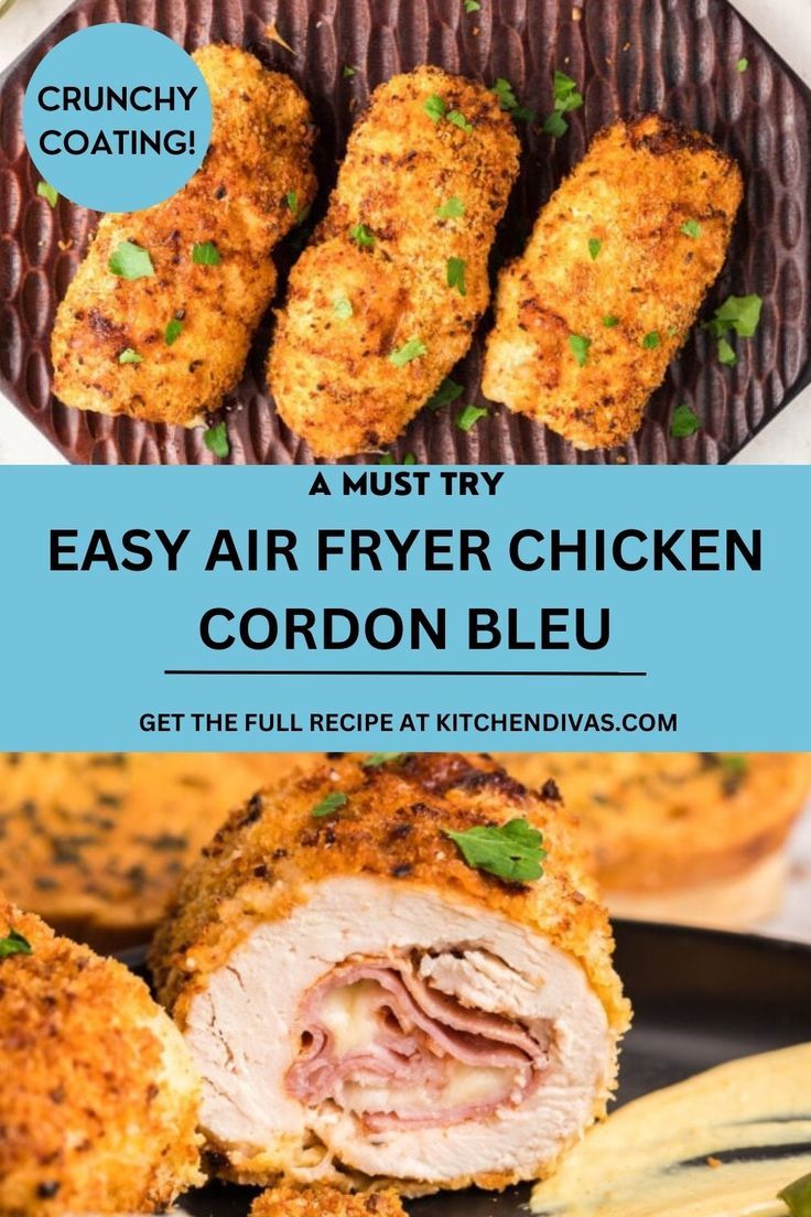 Collage of overhead shot of air fryer chicken cordon bleu on plate at top and closeup shot of chicken cordon bleu cut in half at bottom. Air Fryer Chicken Cordon Bleu, Braised Chicken Recipes, Easy Chicken Cordon Bleu, Cordon Bleu Recipe, Chicken Cordon Bleu Recipe, New Air Fryer Recipes, Air Fried Food, Air Fry Recipes, Chicken Cordon