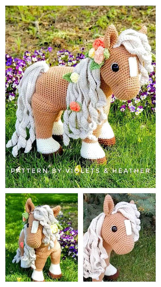 a crocheted horse with flowers on its head and tail, standing in the grass