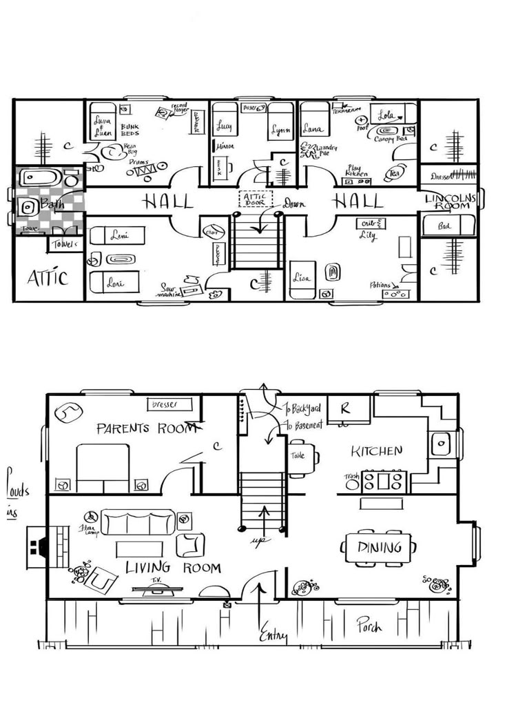 two floor plans for the first and second floors