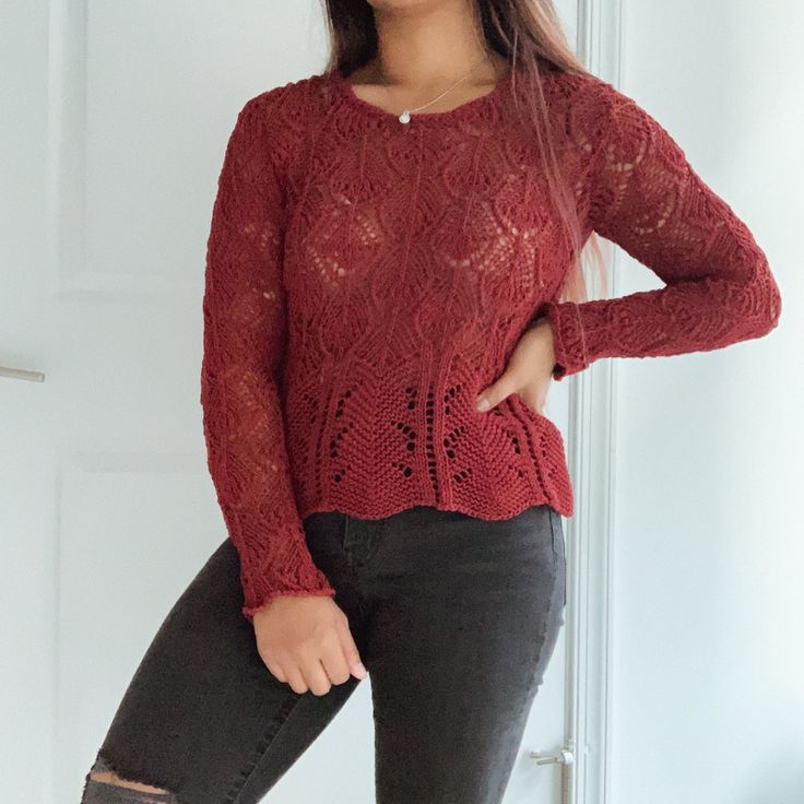 This Rare Nwot Zara Sweater Is A Lovely Burnt Orange/Red Shade! It’s An Open Knit That’s Perfect For The Transition Between Summer And Fall. The Style Has A Little Bit Of Flare To The Waist So It Looks Almost Like Peplum! The Knit Is Super Loose And Open, Almost Like A Crochet Style. I Highly Recommend A Cami Underneath, Otherwise Expect That Your Bra Will Show Through And Dress Accordingly! It Also Runs Small. Took The Tags Off Hoping That I’d Wear This But Never Did :( Make Me An Offer! Fall Crochet Lace Stretch Tops, Casual Crochet Top With Stretch For Fall, Casual Stretch Crochet Top For Fall, Fitted Crochet Knit Top For Fall, Fitted Crochet Tops For Fall, Casual Crochet Lace Top For Fall, Casual Knit Sweater With Crochet Lace, Fall Crochet Crew Neck Top, Casual Crew Neck Crochet Lace Top