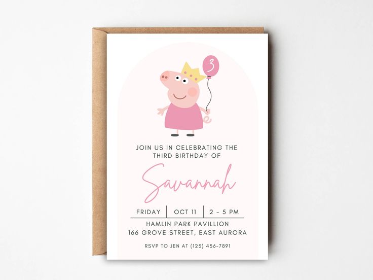 a pink peppo birthday party card with the words peppa on it and a balloon