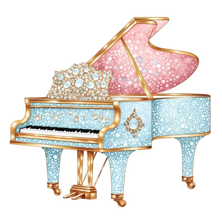 a pink and blue piano with pearls on it