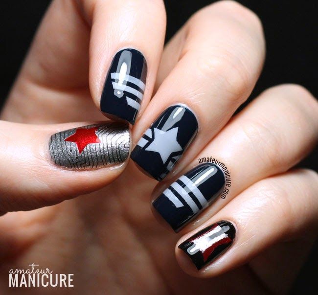 Captain America: The Winter Soldier nail art Avengers Nails, Marvel Nails, America Nails, Captain America The Winter Soldier, Nerd Fashion, The Winter Soldier, Winter Nail Art, Cat Kuku, Acrylic Nail Art