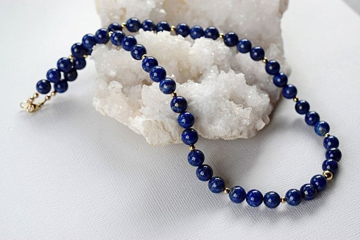 Deep Blue Lapis Lazuli Necklace 14k Gold Filled Beaded Lapis | Etsy Formal Lapis Lazuli Necklace With Round Beads, Elegant Round Lapis Lazuli Beaded Necklaces, Royal Blue Lapis Lazuli Necklace With Round Beads, Elegant Round Lapis Lazuli Beaded Necklace, Elegant Round Beaded Lapis Lazuli Necklace, Formal Lapis Lazuli Beaded Necklace, Royal Blue Lapis Lazuli Necklaces With Round Beads, Sapphire Lapis Lazuli Jewelry With Faceted Details, Sapphire Polished Beads Lapis Lazuli Necklace